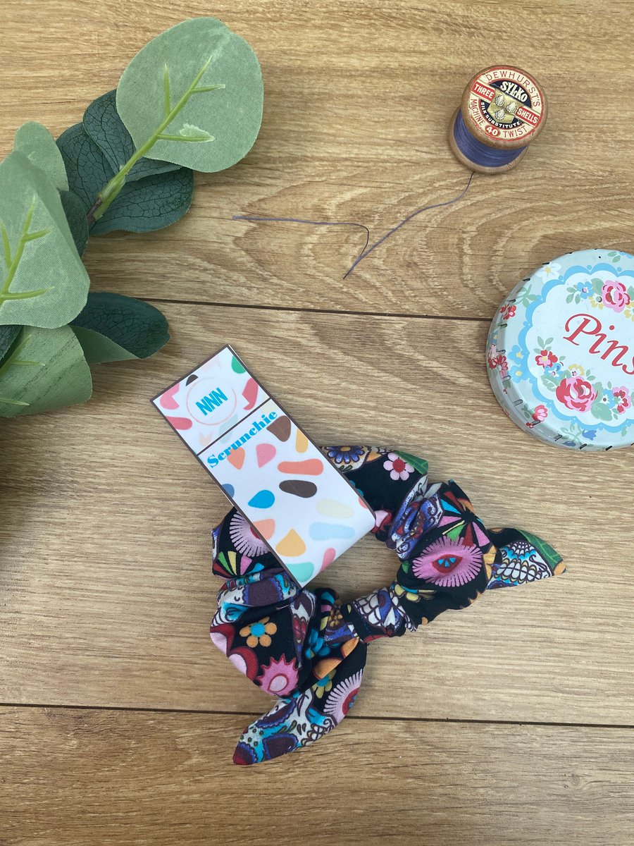 Flower Skulls, Knot Scrunchie, hair tie, Halloween, Sugar Skull