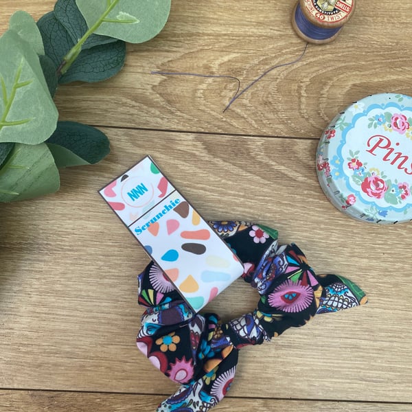 Flower Skulls, Knot Scrunchie, hair tie, Halloween, Sugar Skull