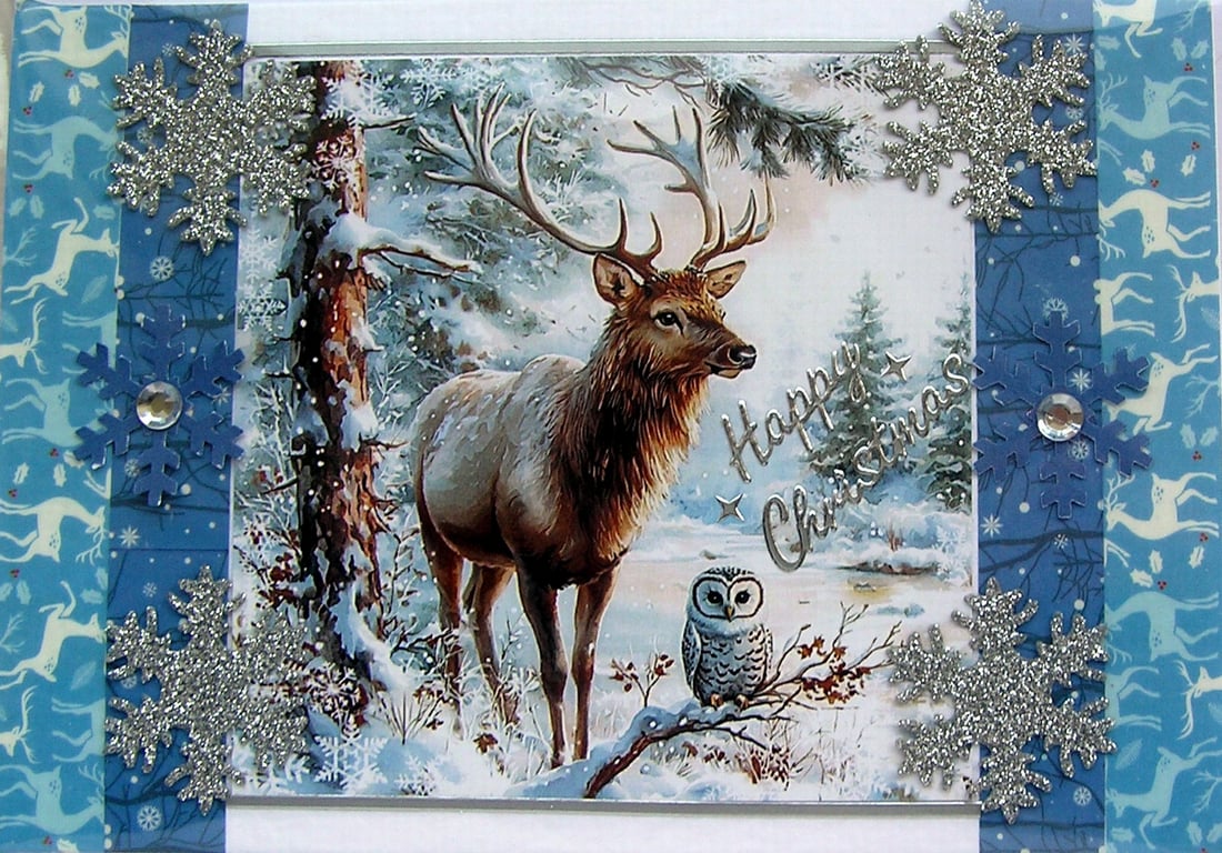 Hand Crafted Decoupage Chistmas Card - Happy Christmas (3211) Stag Reindeer