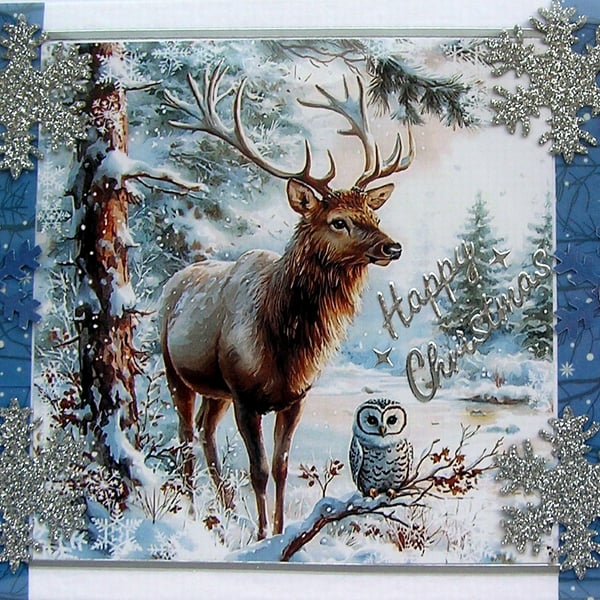 Hand Crafted Decoupage Chistmas Card - Happy Christmas (3211) Stag Reindeer