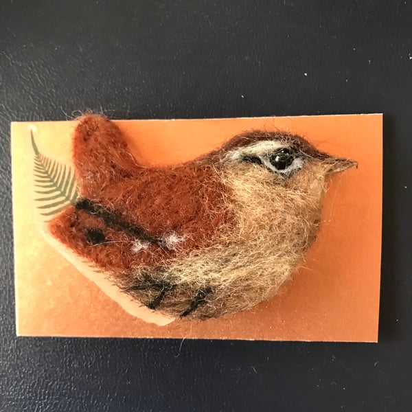 Wren needle felted wool bird brooch 