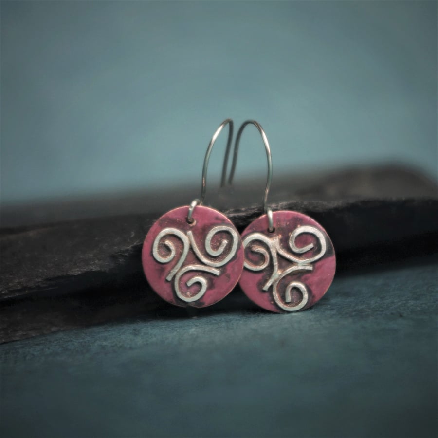 Silver and Copper Celtic  Triple Spiral Dangle Earrings