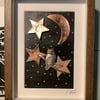 Mixed media owl picture. Framed home decor. Wall art. Moon, stars 