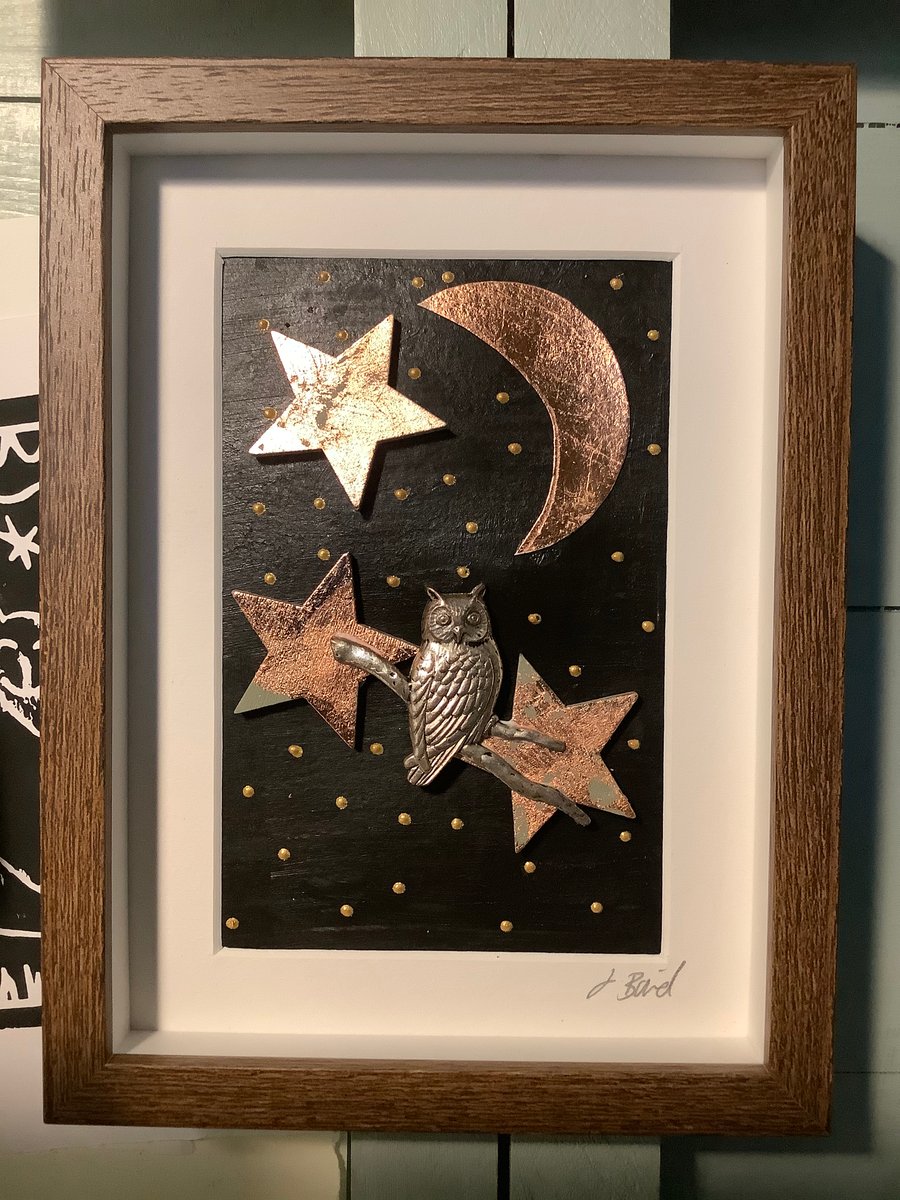 Mixed media owl picture. Framed home decor. Wall art. Moon, stars 