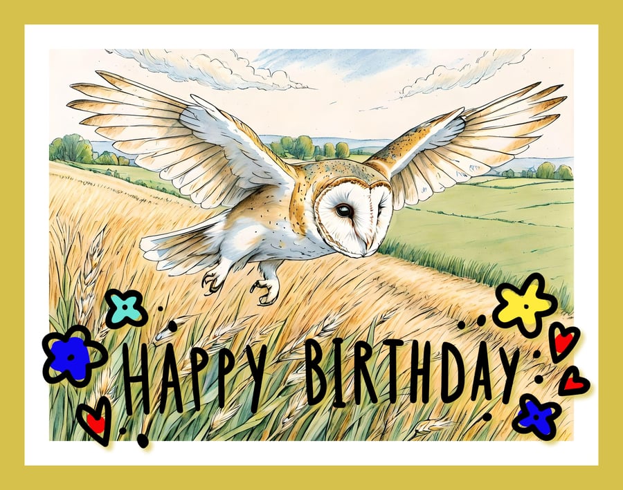 Happy Birthday Barn Owl Flying Card A5