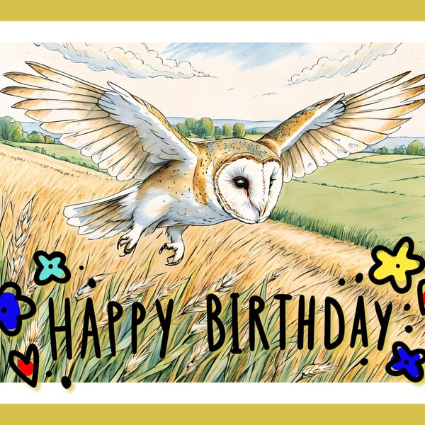 Happy Birthday Barn Owl Flying Card A5