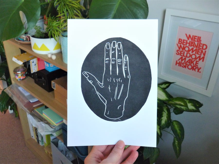 Black Hand Lino Print - Original A5 Lino Print