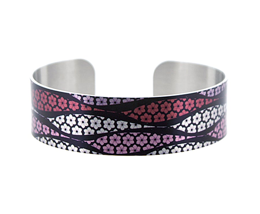Artistic cuff bracelet, handmade jewellery, purple and black daisies. B364