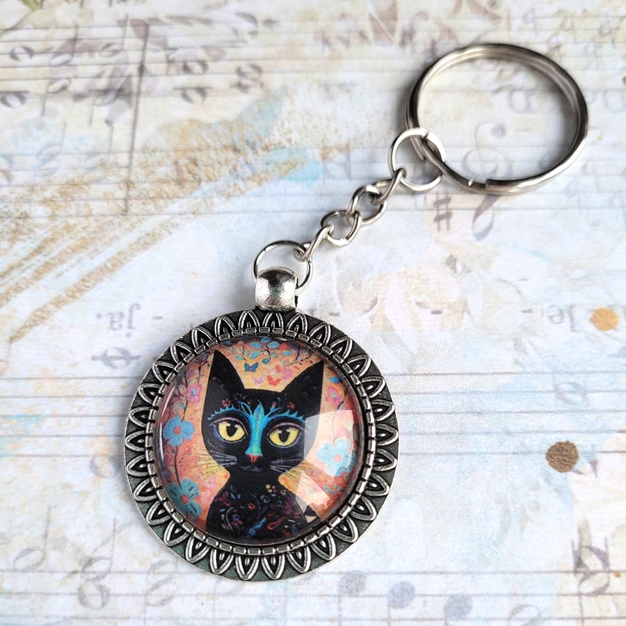 Quirky Black Cat Keyring No 2, glass cabochon pendant with cute cat image