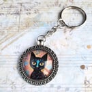 Quirky Black Cat Keyring No 2, glass cabochon pendant with cute cat image