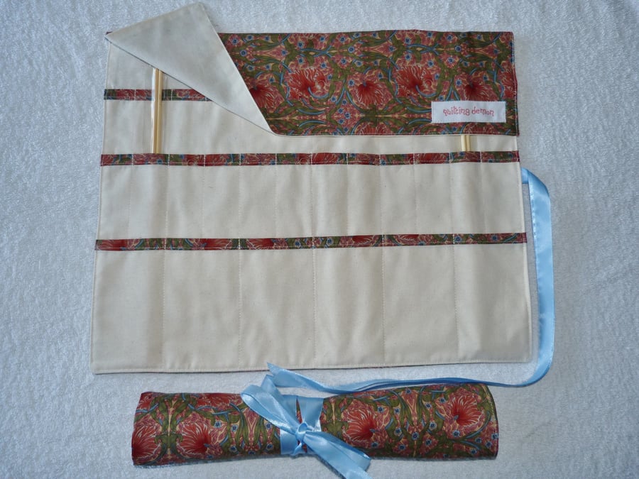 Knitting Needle Roll In Rose and Hubble Fabric with 3 Pairs Bamboo Needles.