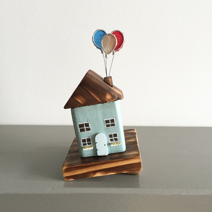 Handmade Wooden Cottage with Balloons Teal