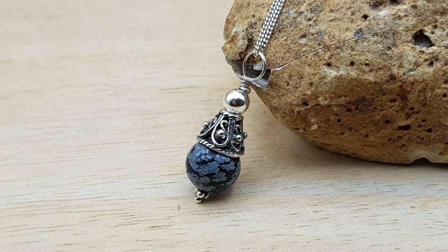 Snowflake Obsidian cone necklace. Virgo jewellery. Reiki Charged