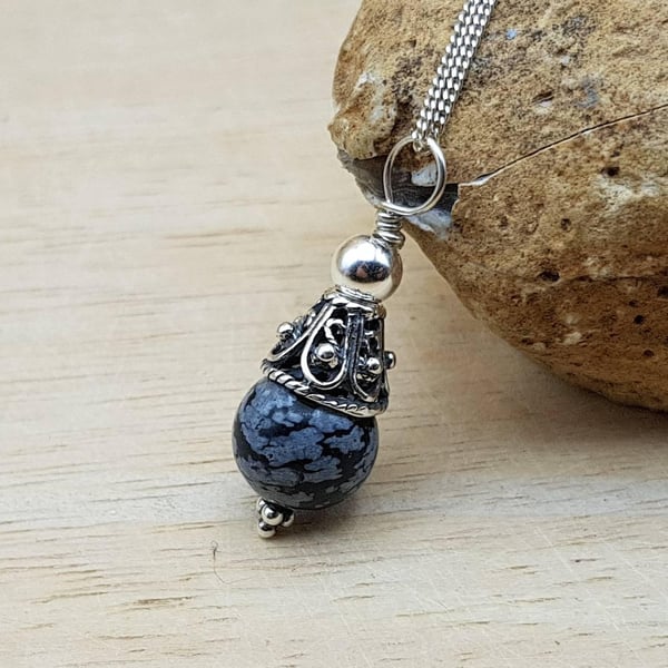 Snowflake Obsidian cone necklace. Virgo jewellery. Reiki Charged