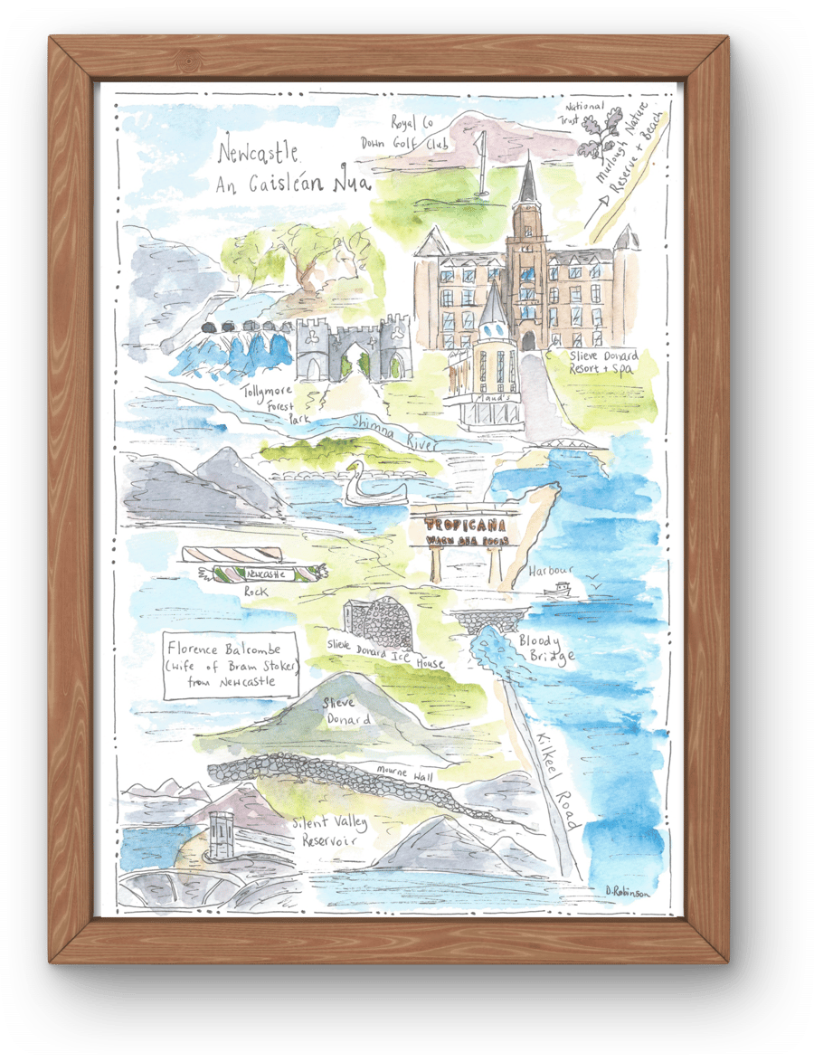 Newcastle Co Down illustrated map print. A3 size.