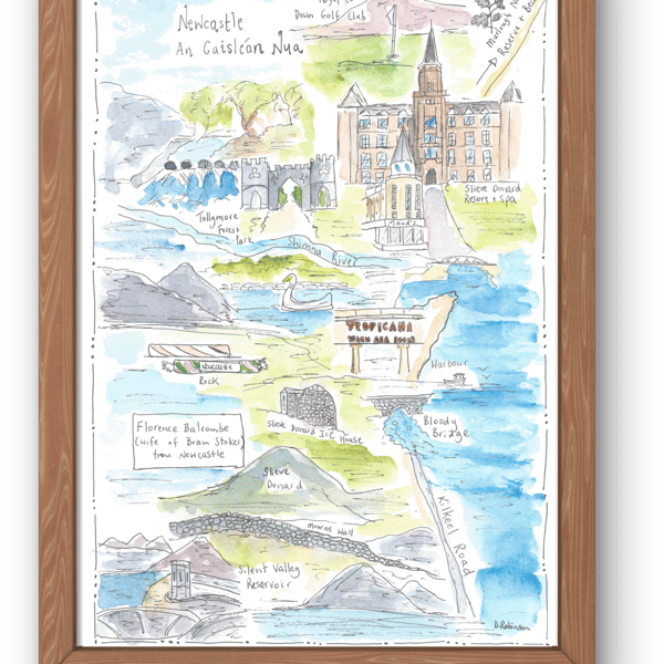 Newcastle Co Down illustrated map print. A3 size.