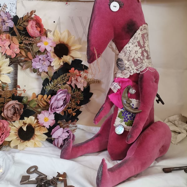 Textile art sculpture, velvet, mystical hare, moon, pink bunny
