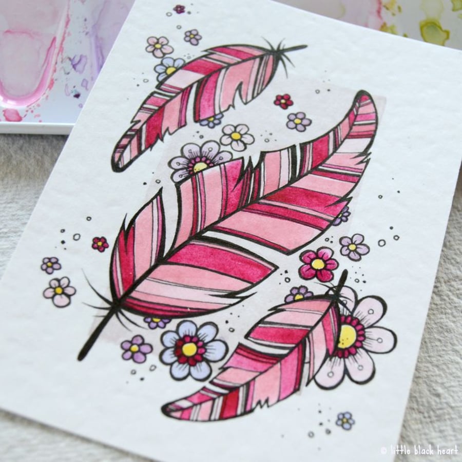 floating feathers and flowers - original aceo