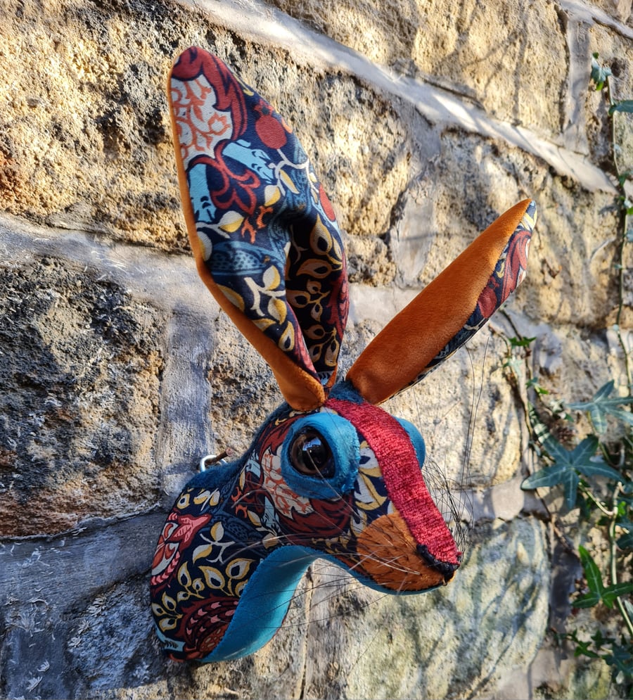 Faux hare head wall mount in William Morris fabric