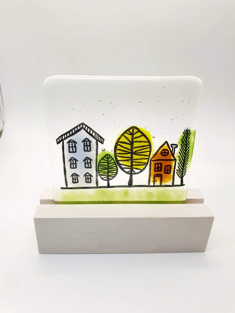 Fused Glass Screen Printed Tile in Wooden Stand