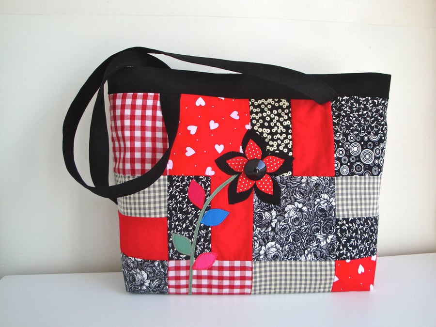 SALE Patchwork Cotton  Tote bag -  shoulder bag - appliqued flower 