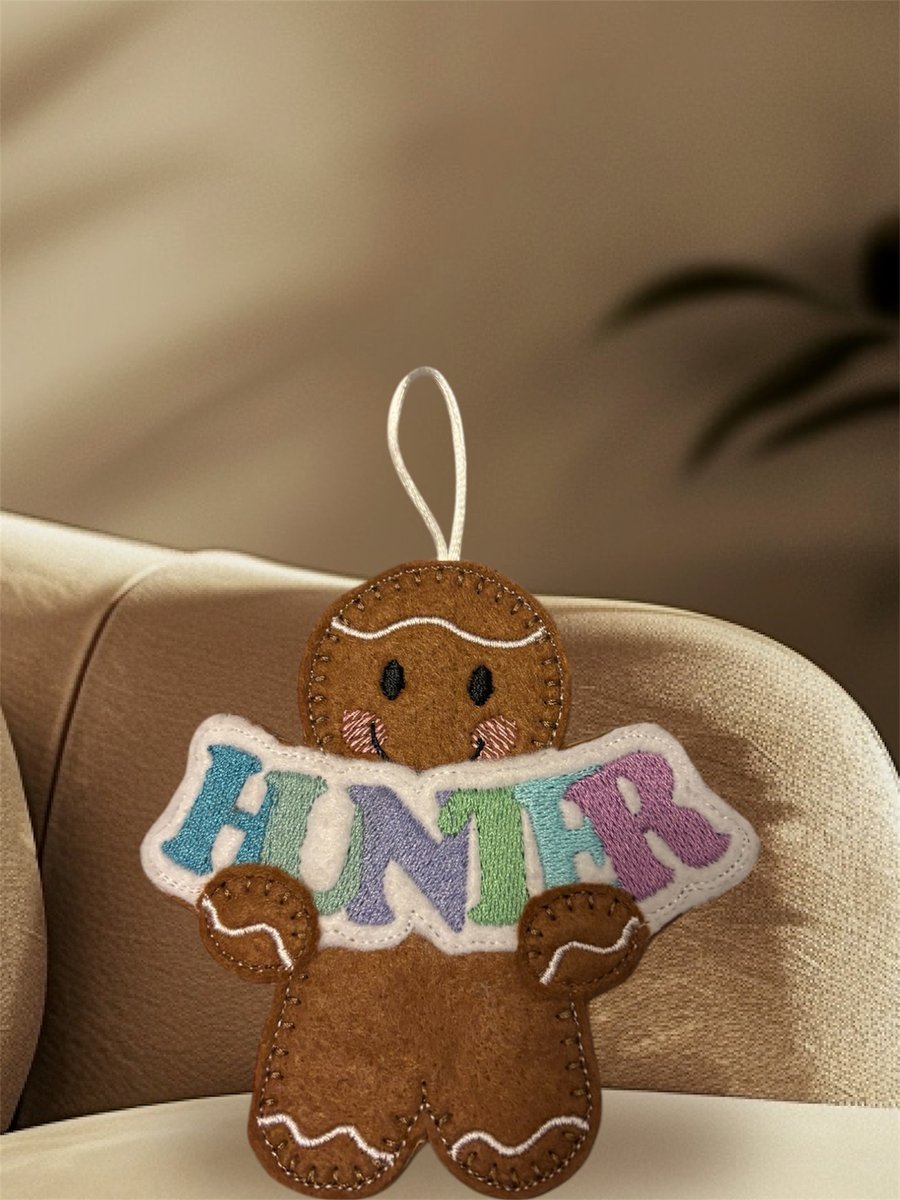 Personalised gingerbread man with name Hunter Embroidered Hanging Keepsake