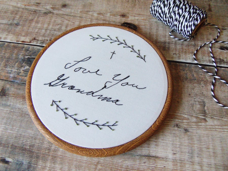 Actual Handwriting Transformed Into Embroidery Hoop Art (with border)
