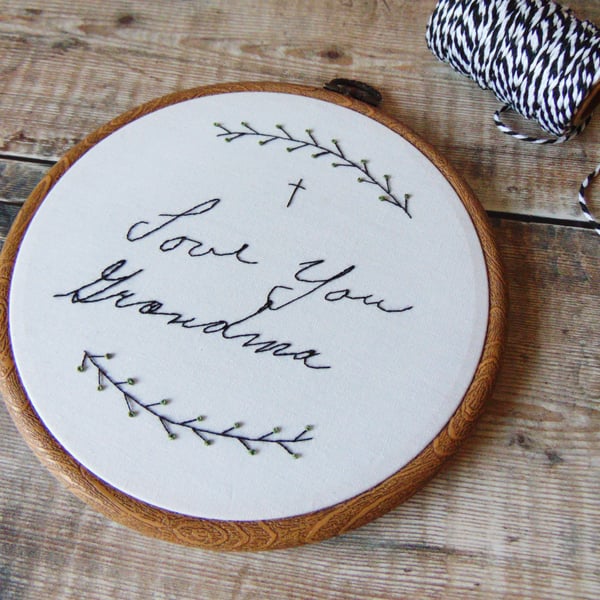 Actual Handwriting Transformed Into Embroidery Hoop Art (with border)