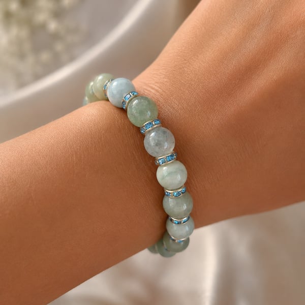 Amazonite bead stretchy bracelet with blue faux crystal rondelles