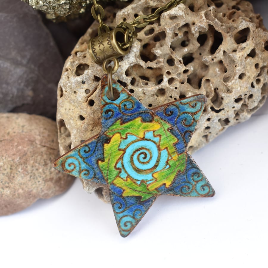 Into the Blue, Hand Burned and Coloured Pyrography Star Pendant