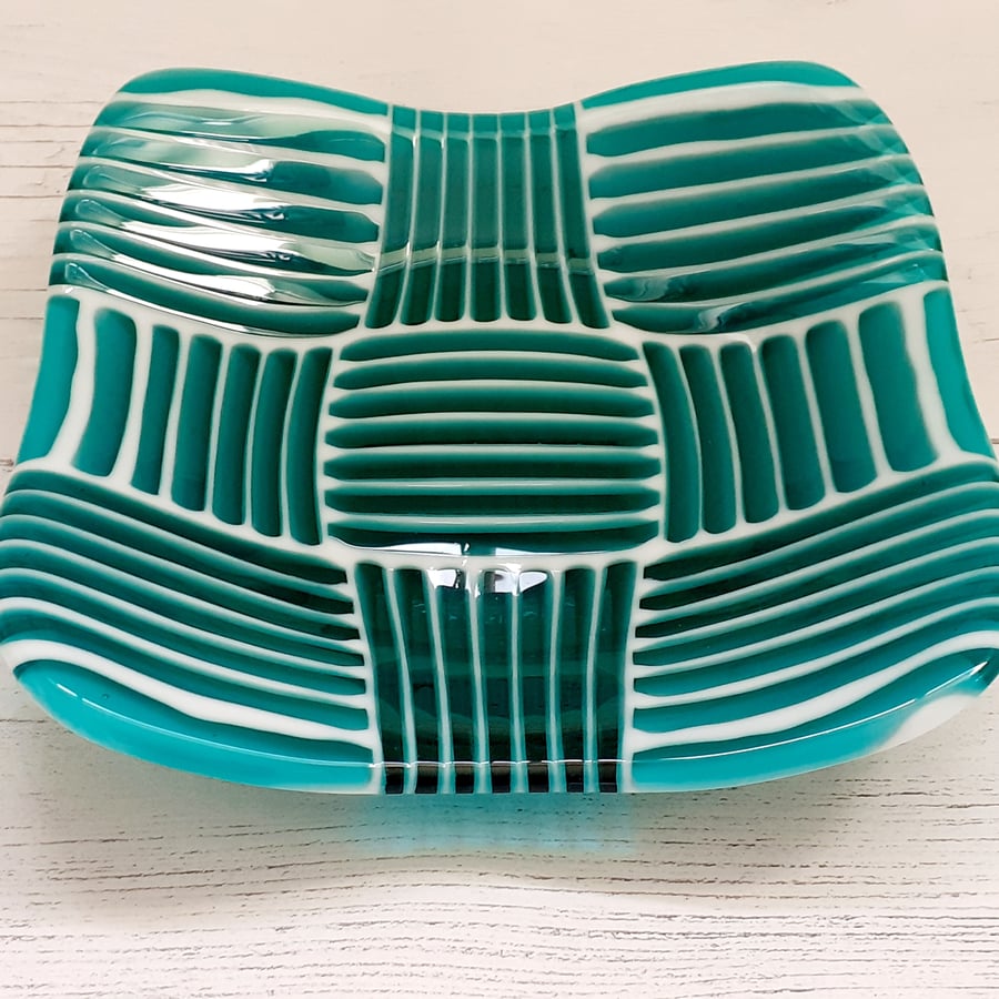Fused glass striped squares chunky dish, green and white