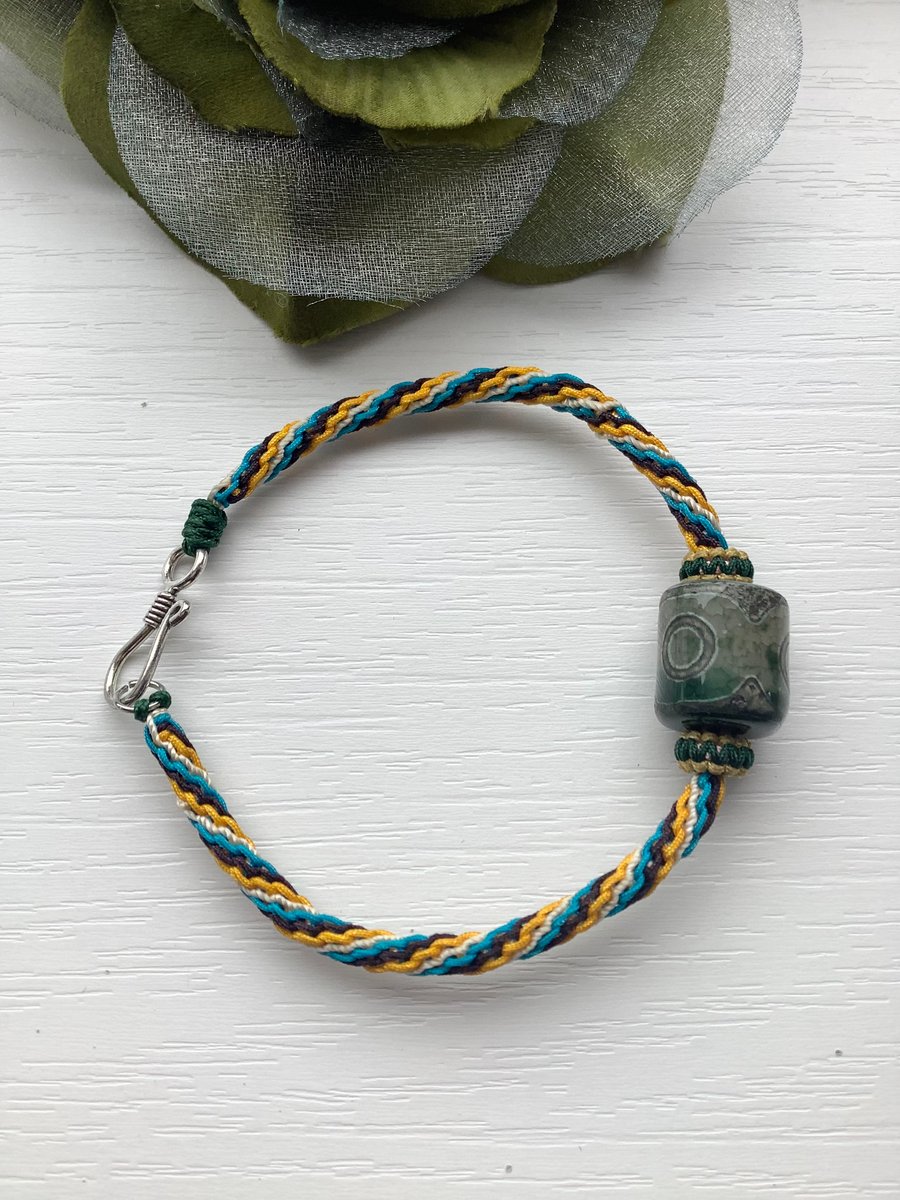 Handmade woven macrame natural Tibetan Dzi Agate men's bracelet