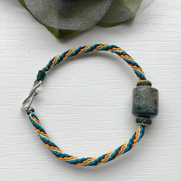 Handmade woven macrame natural Tibetan Dzi Agate men's bracelet