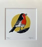 Robin Original Handmade Lino Print Light Yellow Background - Image 3