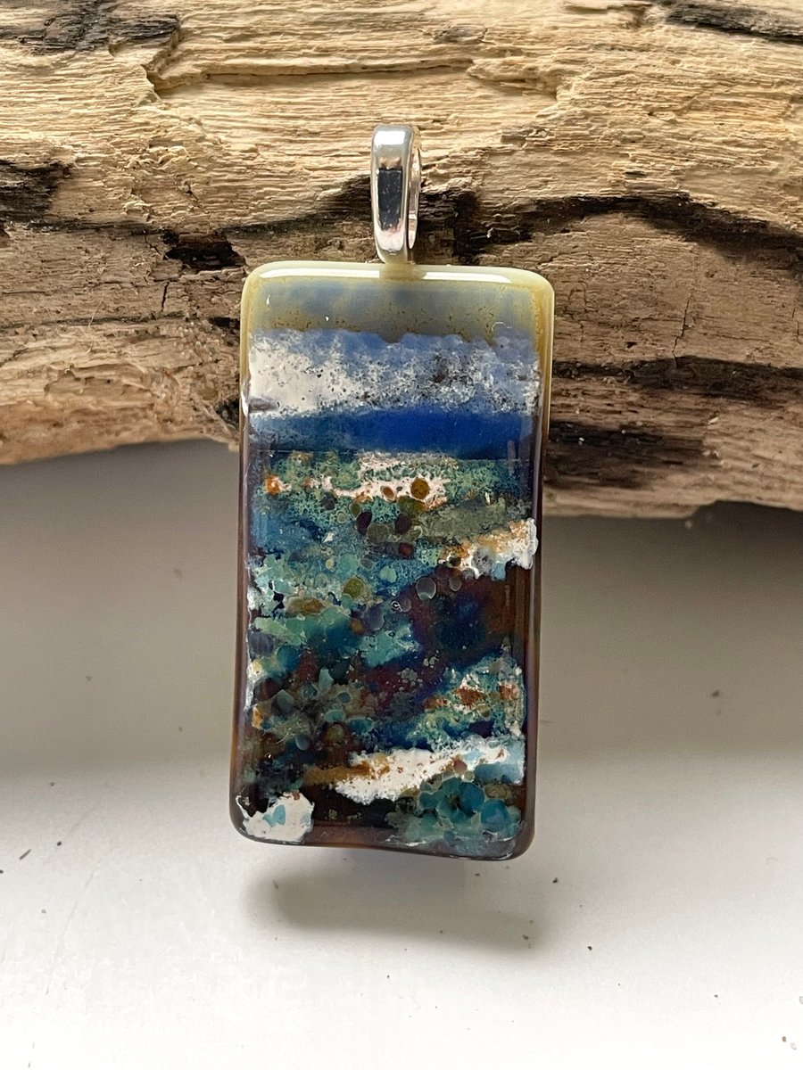 Fused glass abstract seascape pendant 