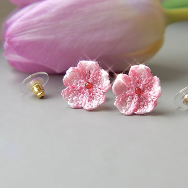 Microcrochet Cherry Blossoms Stud Earrings 