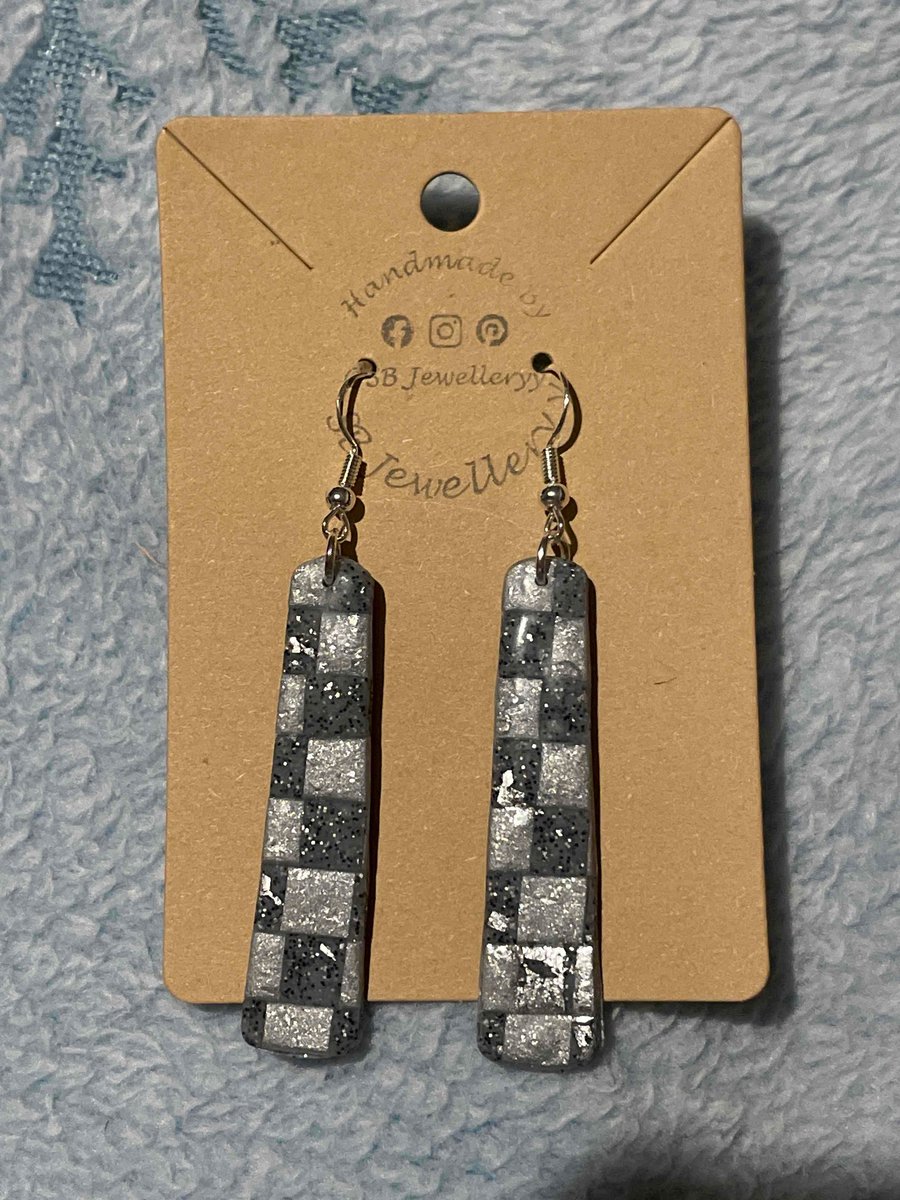 Handmade Polymer Clay Grey Checkered Earrings (Clip On’s Available)