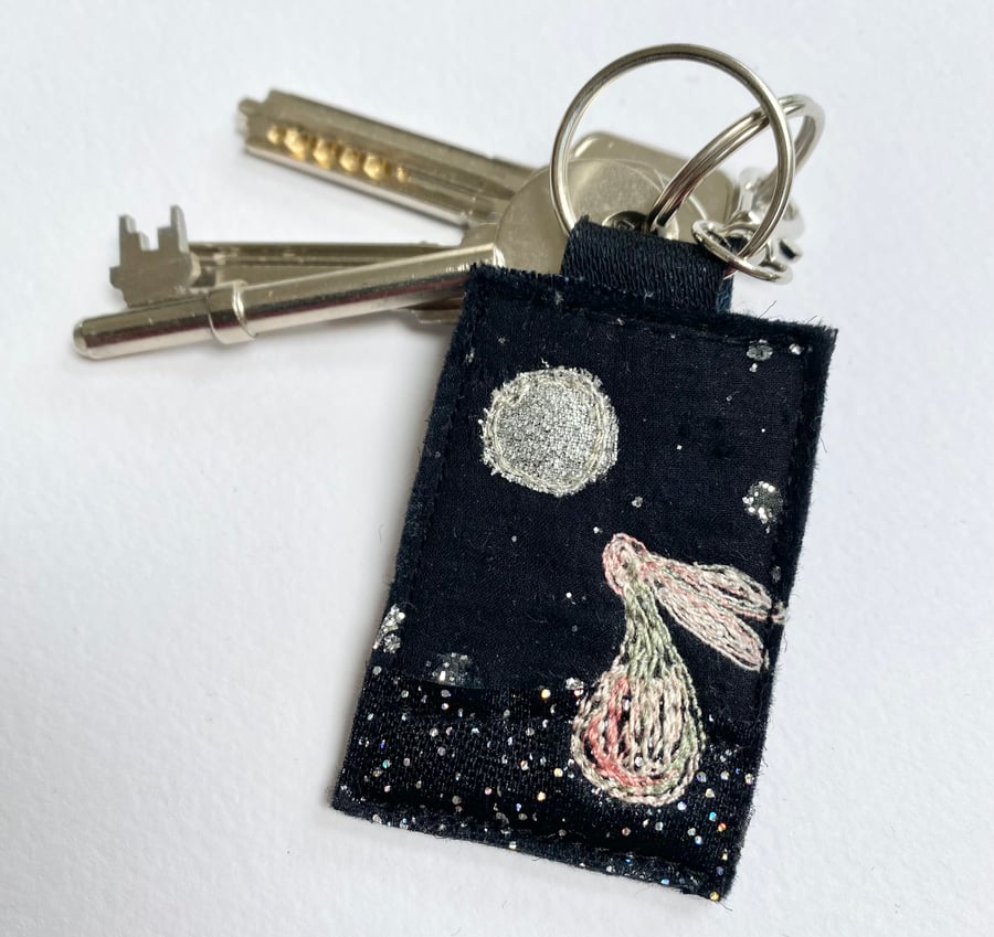 Up-cycled moon and hare key ring or bag charm. 