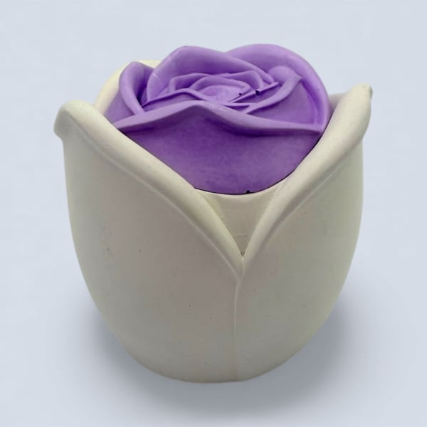 White trinket pot with lilac rose lid - handmade jewellery box or keepsake pot