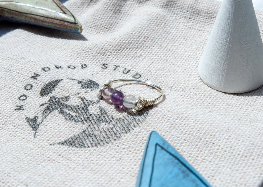 Gemstone Ring - Rainbow Fluorite Wire Wrapped Ring, Silver Gemstone Ring 