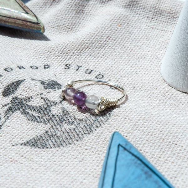 Gemstone Ring - Rainbow Fluorite Wire Wrapped Ring, Silver Gemstone Ring 