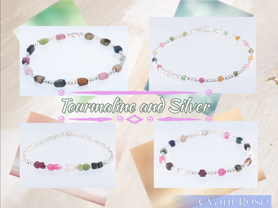 Multi tourmaline sterling silver stretchy bracelet protection and grounding