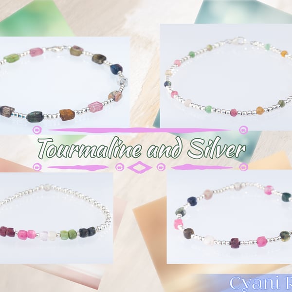Multi tourmaline sterling silver stretchy bracelet protection and grounding