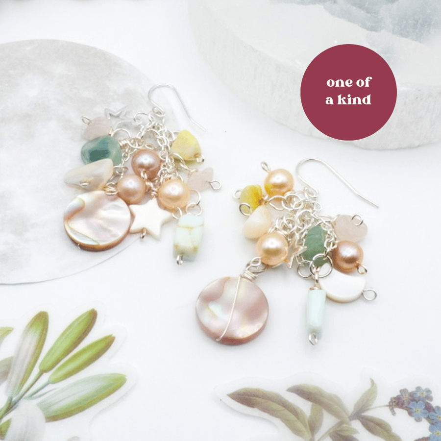 Pearl Earrings - Freshwater Pearl Celestial Gemstone Confetti Dangle Earrings 