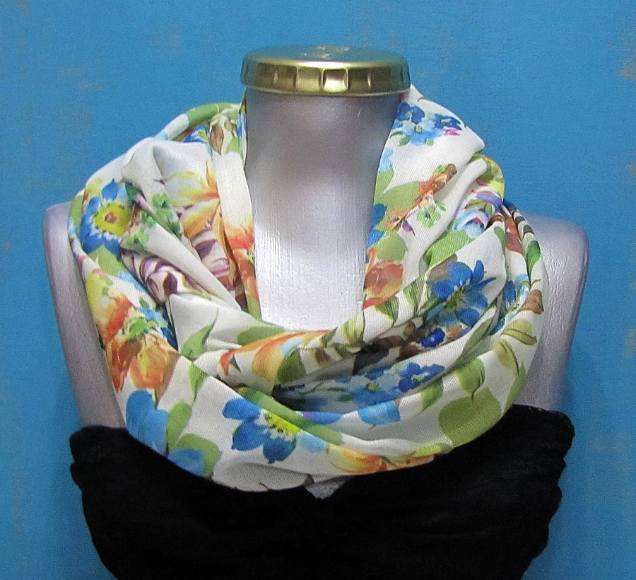 Voile cotton scarf with white green blue spring flower wrap loop floral scarf