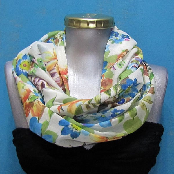 Voile cotton scarf with white green blue spring flower wrap loop floral scarf