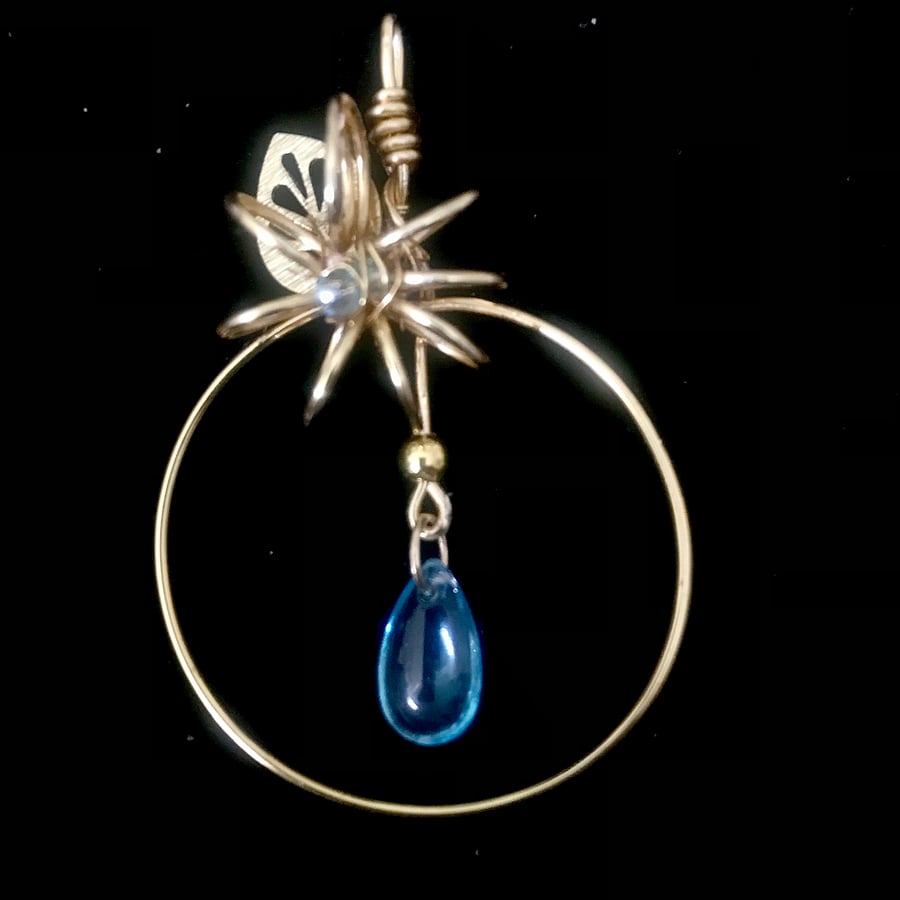 Flower Necklace in Gold Plate with Turquoise Glass Teardrop 16”