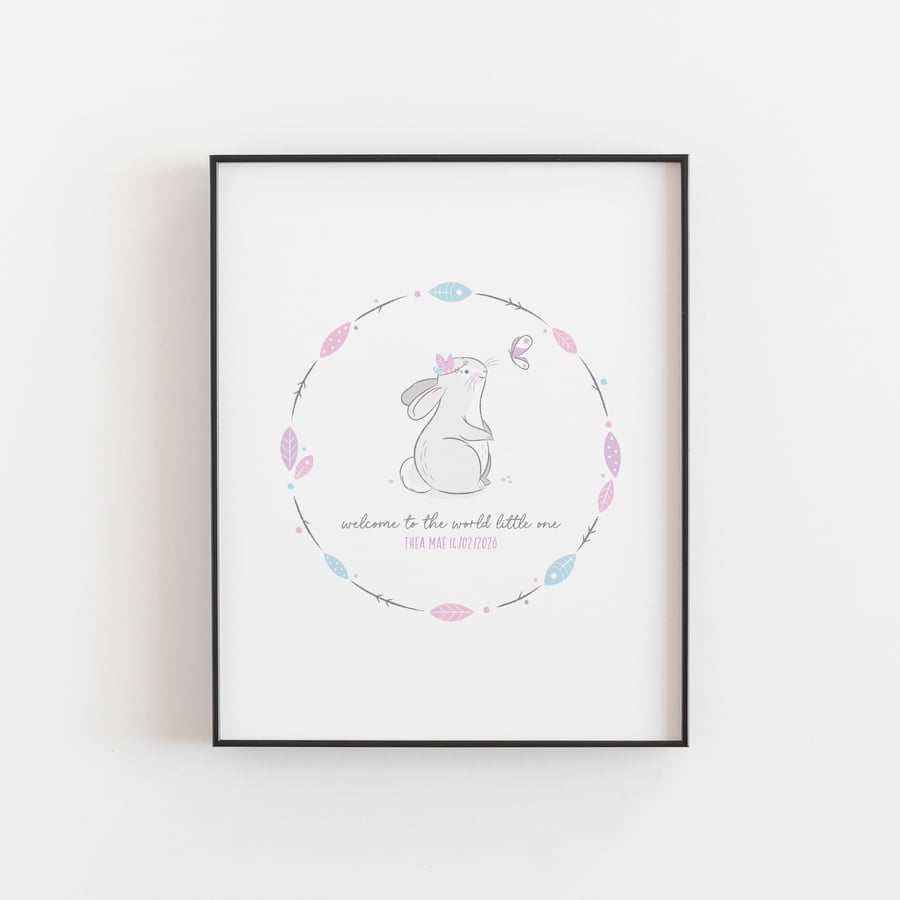 Personalised Bunny Nursery Print – Whimsical New Baby Gift with Name & Date