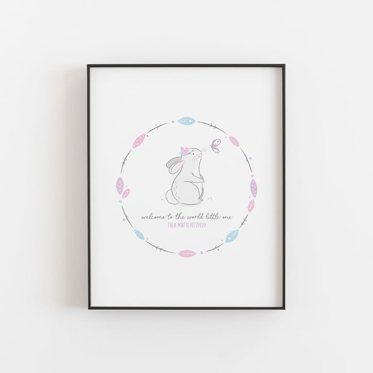 Personalised Bunny Nursery Print – Whimsical New Baby Gift with Name & Date