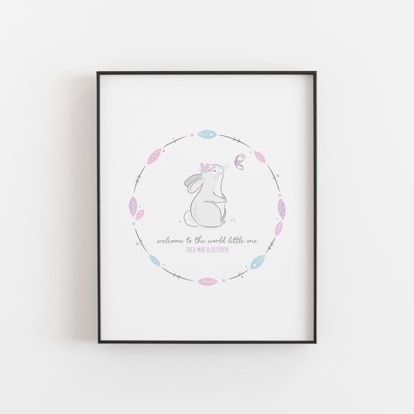 Personalised Bunny Nursery Print – Whimsical New Baby Gift with Name & Date